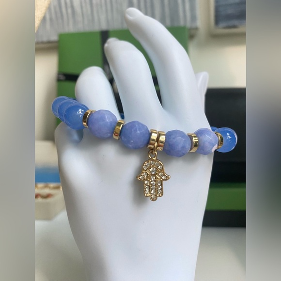 Blue Agate & Blue Chalcedony Stretch Bracelet w/Gold Pave Rhinestone Hamsa Charm - Picture 3 of 8